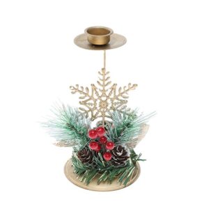 Suport Decorativ pentru Lumanare de Craciun, Flippy, Ornament pentru Lumanare, Model Fulg de Nea Auriu cu Crengute de Brad, din Art Metal, pentru Masa, fara Lumanare, 15 x 8 cm, Auriu