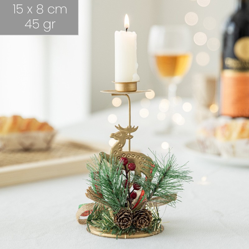 Suport Decorativ pentru Lumanare de Craciun, Flippy, Ornament pentru Lumanare, Model Ren Auriu cu Crengute de Brad, din Art Metal, pentru Masa, fara Lumanare 15 x 8 cm, Auriu - imagine 2