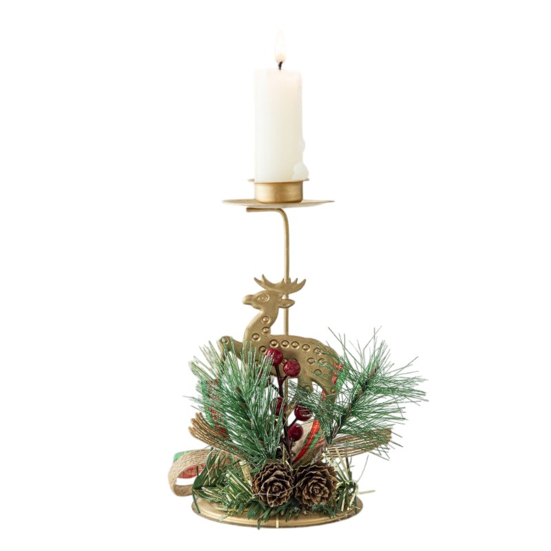 Suport Decorativ pentru Lumanare de Craciun, Flippy, Ornament pentru Lumanare, Model Ren Auriu cu Crengute de Brad, din Art Metal, pentru Masa, fara Lumanare 15 x 8 cm, Auriu - imagine 3