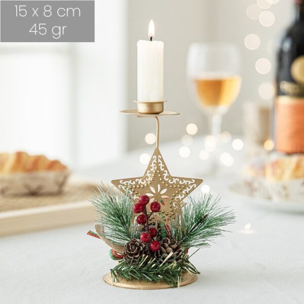 Suport Decorativ pentru Lumanare de Craciun, Flippy, Ornament pentru Lumanare, Model Stea Aurie cu Crengute de Brad, din Art Metal, pentru Masa, fara Lumanare 15 x 8 cm, Auriu - imagine 2