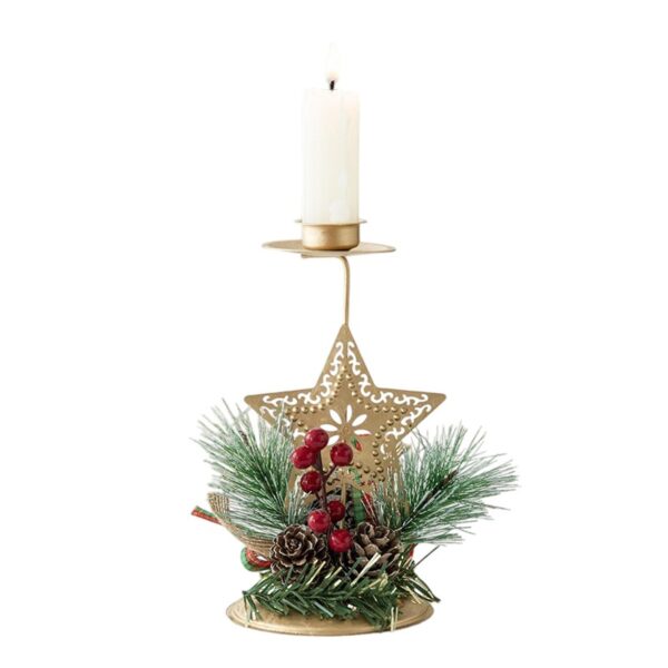 Suport Decorativ pentru Lumanare de Craciun, Flippy, Ornament pentru Lumanare, Model Stea Aurie cu Crengute de Brad, din Art Metal, pentru Masa, fara Lumanare 15 x 8 cm, Auriu - imagine 3