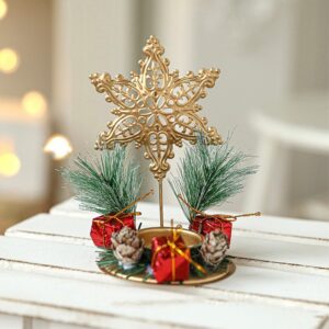 Suport Decorativ pentru Lumanare de Craciun, Flippy, Ornament pentru Lumanare pe Masa, Model Fulg de Nea si Crengute de Brad, din Art Metal, fara Lumanare 13 x 8.3 cm, Auriu