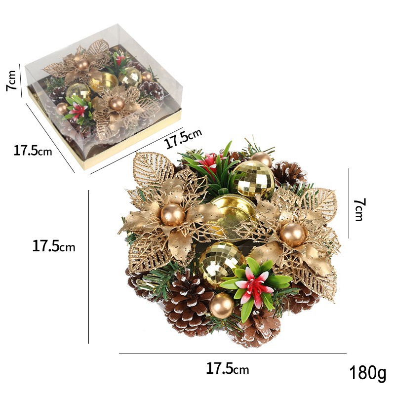 Suport pentru Lumanare de Craciun, Flippy, Model Cupa cu 2 Globutele Aurii si 2 Flori cu Conuri, Sfesnic de Tip Ghirlanda, Decoratiune pe Masa de Craciun, 17.5 x 17.5 x 7 cm, Auriu - imagine 2