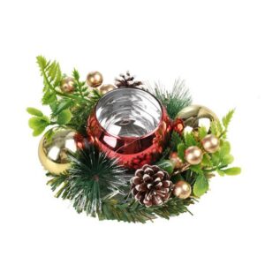 Suport pentru Lumanare de Craciun, Flippy, Model Glob pentru Brad 2 Conuri, Sfesnic de Tip Ghirlanda, Decoratiune pe Masa de Craciun, 12 x 12 x 6 cm, Rosu