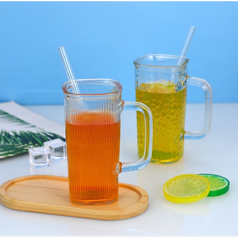 Pahar pentru Racoritoare, Flippy, din Sticla, 330 ml, cu Pai si Maner, Model Clear Dungi Verticale, Transparent - imagine 3