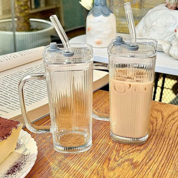 Pahar pentru Racoritoare, Flippy, din Sticla, 330 ml, cu Pai si Maner, Model Clear Dungi Verticale, Transparent - imagine 4