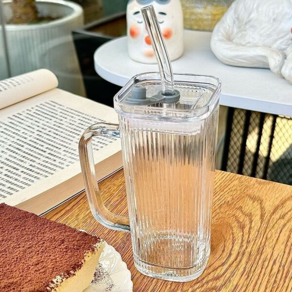 Pahar pentru Racoritoare, Flippy, din Sticla, 330 ml, cu Pai si Maner, Model Clear Dungi Verticale, Transparent - imagine 2