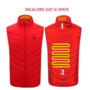 Vesta cu Incalzire, Flippy, Unisex, 2 Zone de Incalzire, Umplutura Bumbac, 3 Trepte de Temperatura, Incarcare USB, Rosu, 45 - 58 kg, Marime L
