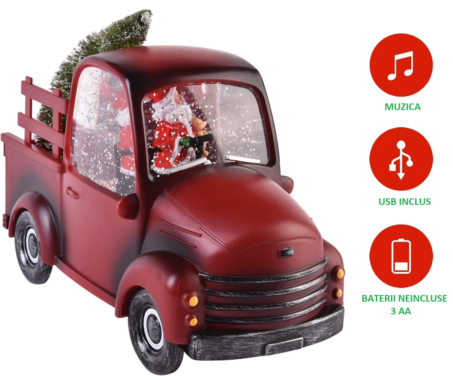 Decoratiune Craciun, Tip Masina, Figurine Mos Craciun cu Bradul, 3 Moduri, Functie Muzicala, Zapada in Miscare, Functioneaza Cu Baterii ( 3 x AA neincluse), Cablu USB (Inclus), Model Rosu, 24 x 10 x 19 cm, Alb Cald