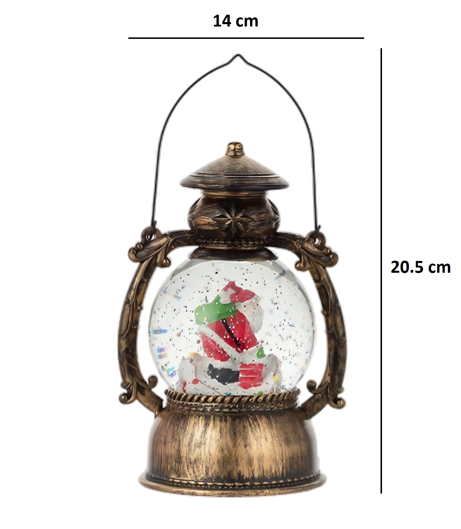 Decoratiune Craciun, Tip Felinar, Figurine Mos Craciun pe Cos, 3 Moduri, Functie Muzicala, Zapada in Miscare, Functioneaza Cu Baterii ( 3 x AA neincluse), Cablu USB (Inclus), Model Vintage Negru - Auriu, 14 x 11 x 20.5 cm, Alb Cald