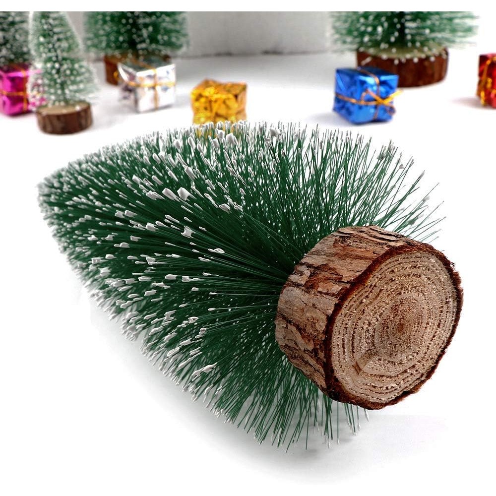 Brad artificial de craciun, ornament pentru masa, pe suport lemn, 10 cm inaltime, Verde inzapezit - imagine 3