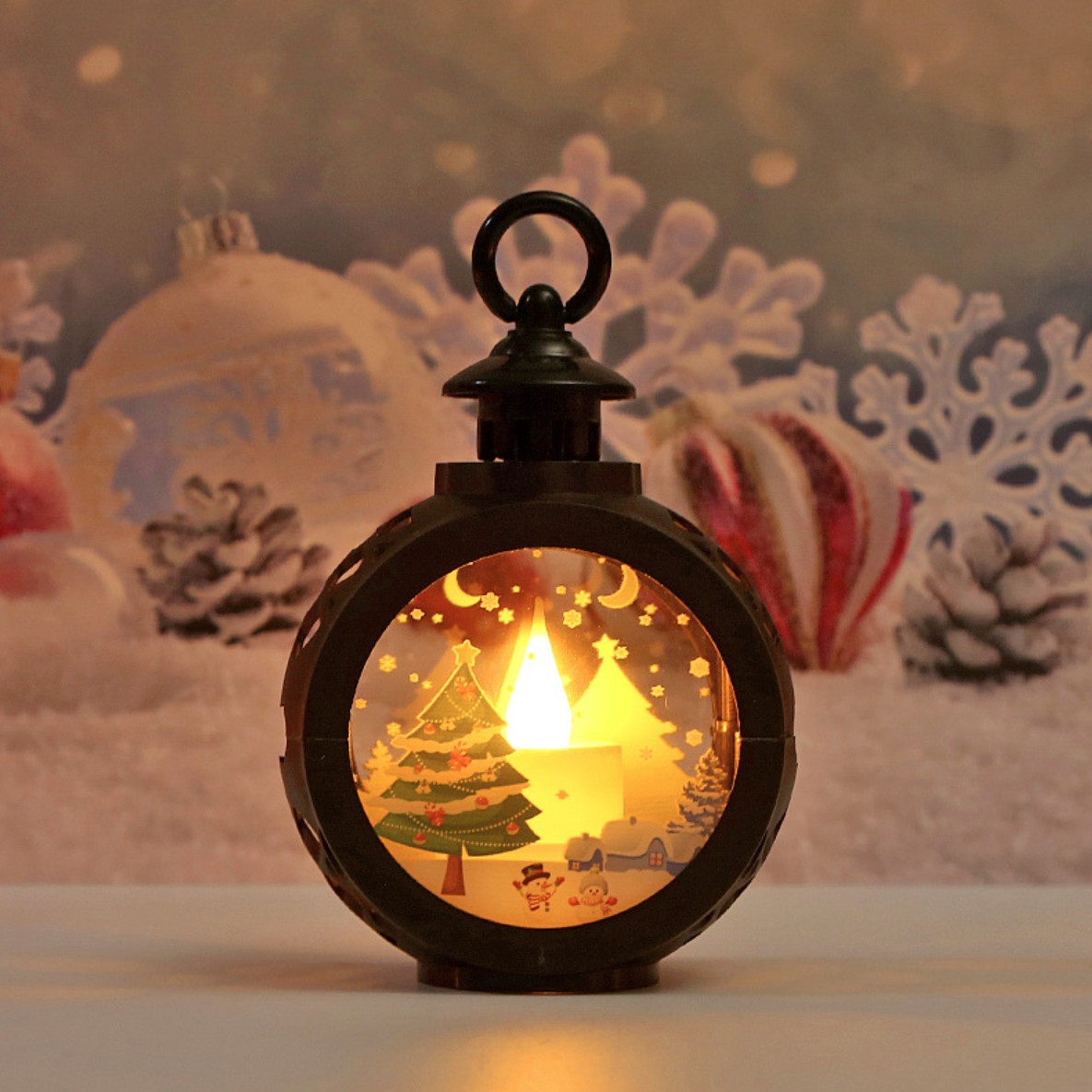 Decoratiune Craciun tip Felinare cu baterii, 13.5 x 9 cm,Lumanare cu geam si inscriptie Brad Craciun,lumina alb cald,baterii incluse,Negru - imagine 2