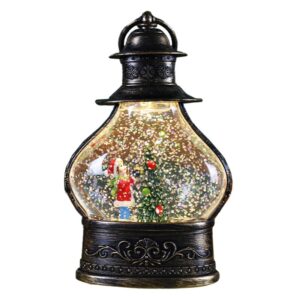 Decoratiune de Craciun tip Felinar, Flippy, Glob de Cristal cu Fulgi de Zapada, Model Elf, Ornamentat cu Luminite Interioare, 14.5 x 9 x 3 cm, Rama Neagra, Transparent