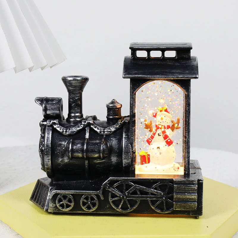 Decoratiune de Craciun tip Locomotiva, Flippy, Glob de Cristal cu Fulgi de Zapada, Model Om de Zapada, Iluminare LED, 11.5 x 12.5 x 6 cm, Carcasa Vintage Bronze, Transparent - imagine 2