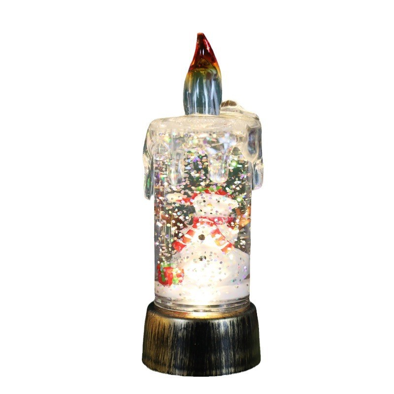 Decoratiune de Craciun tip Lumanare, Flippy, Lumanare de Cristal cu Fulgi de Zapada, Model Om de Zapada cu Sclipici, Iluminare LED, 13 x 5 x 5 cm, Baza Vintage Bronze, Transparent