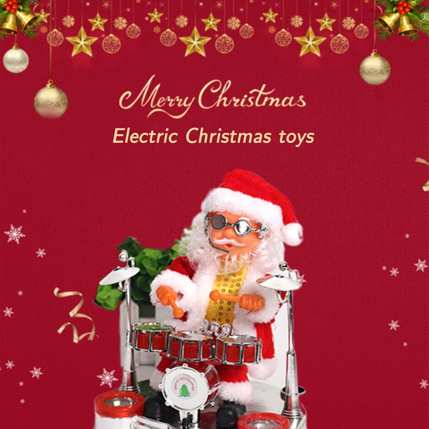 Decoratiune Mos Craciun, Flippy, Animat, care Canta si Danseaza, cu Tobe, Imbracat Festiv, 20x17 cm Inaltime, Rosu - imagine 2