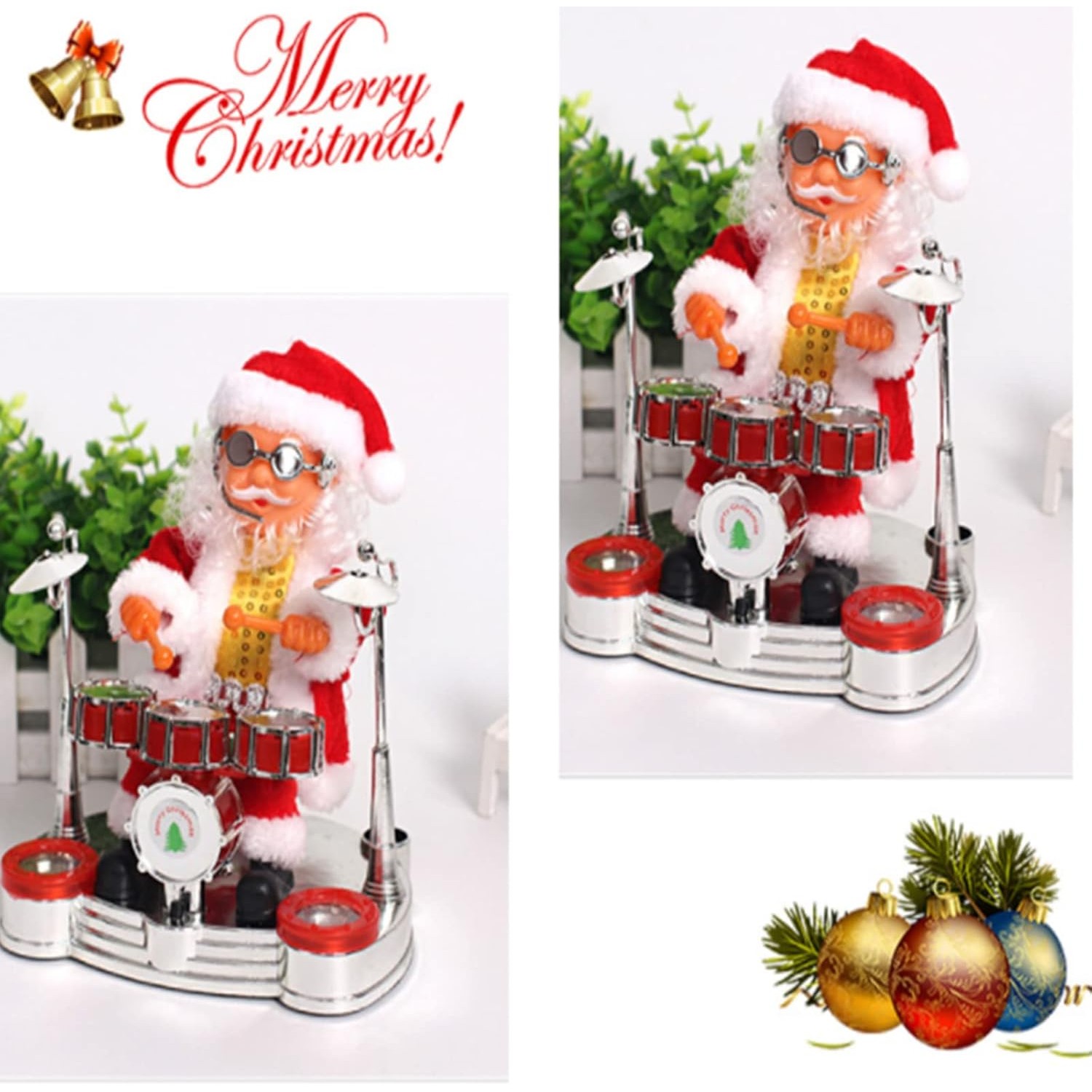 Decoratiune Mos Craciun, Flippy, Animat, care Canta si Danseaza, cu Tobe, Imbracat Festiv, 20x17 cm Inaltime, Rosu - imagine 3