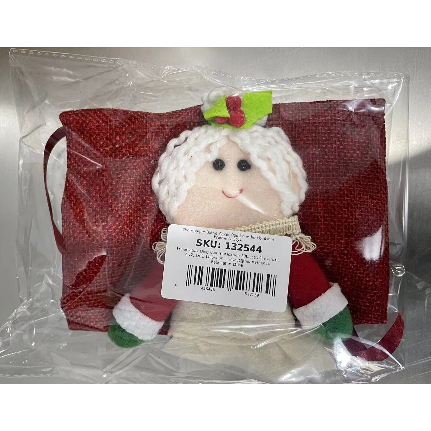 Decoratiune pentru Sticla de Vin, Flippy, Tema Craciun, Model Doamna Craciun, 14 x 29 cm, Rosu - imagine 2