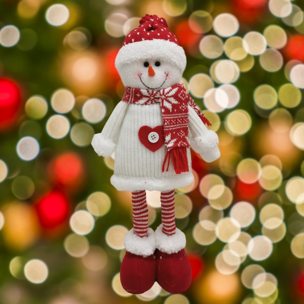 Figurina Decorativa, Pentru Craciun, Flippy, Om de Zapada, Picioare Telescopice, Inaltime Reglabila 44-54cm, Caciula cu Inimioare, Alb/Rosu - imagine 4