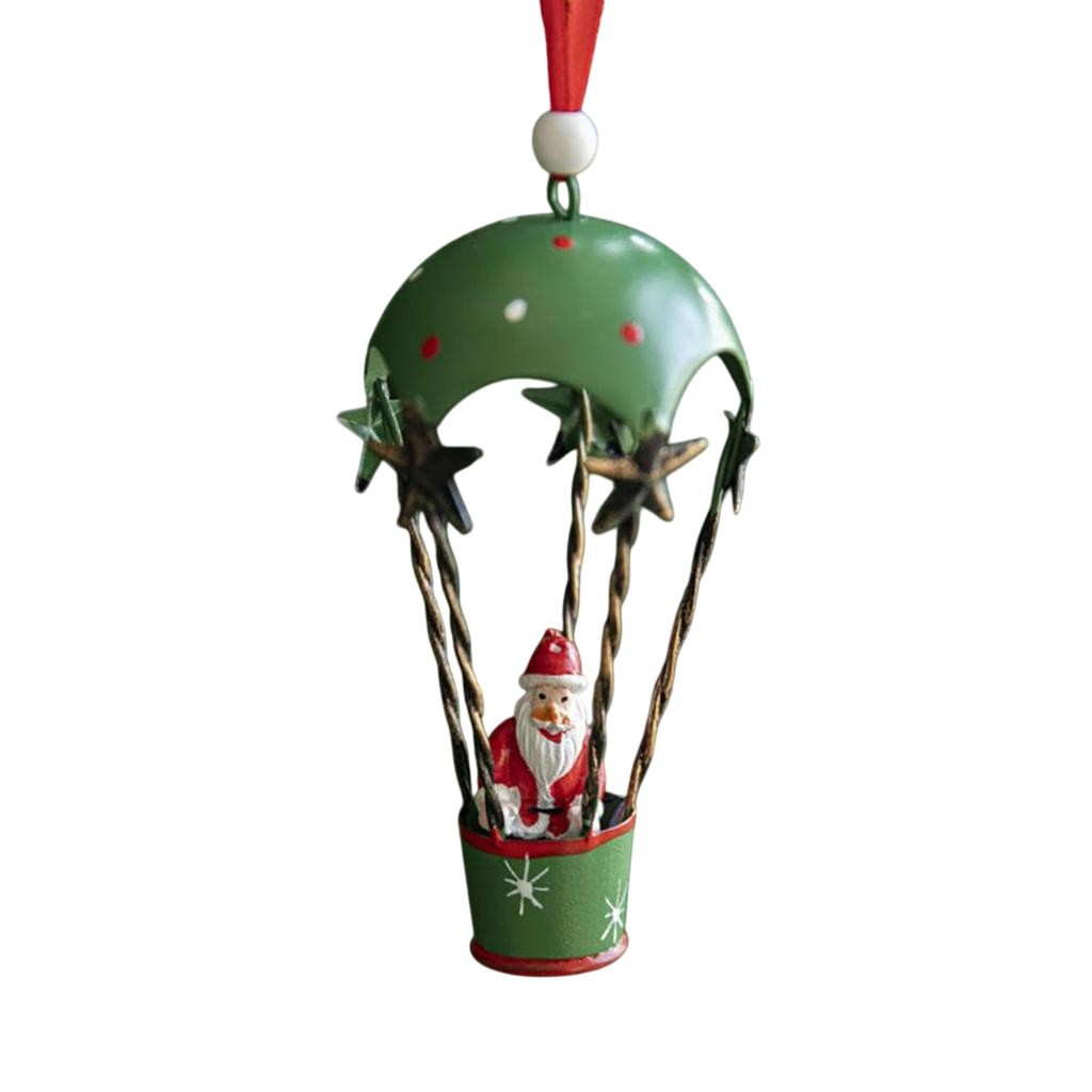 Figurina pentru Brad de Craciun, Flippy, Model Mos Craciun in Balon cu Aer Cald, Ornament pentru Brad, din Metal, 11 x 5.5 x 5.5 cm, Verde - imagine 3