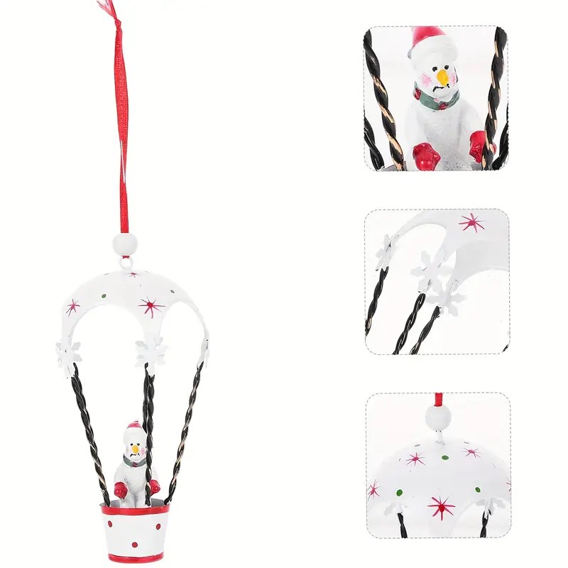 Figurina pentru Brad de Craciun, Flippy, Model Om de Zapada in Balon cu Aer Cald, Ornament pentru Brad, din Metal, 11 x 5.5 x 5.5 cm, Alb - imagine 4