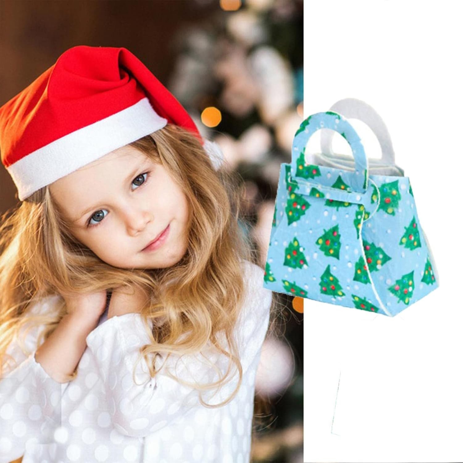 Geanta pentru Copii, Flippy, Pliabila, pentru Cadouri de Craciun, din Panza Netesuta, Braduti, 13 x 12 x 6 cm, Verde - imagine 3