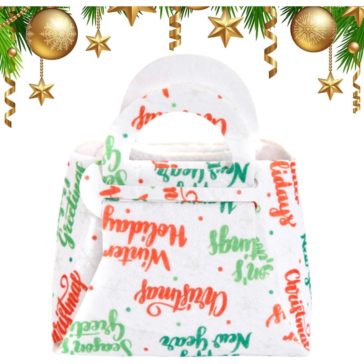 Geanta pentru Copii, Flippy, Pliabila, pentru Cadouri de Craciun, din Panza Netesuta, Mesaje de Craciun, 13 x 12 x 6 cm, Alb - imagine 2