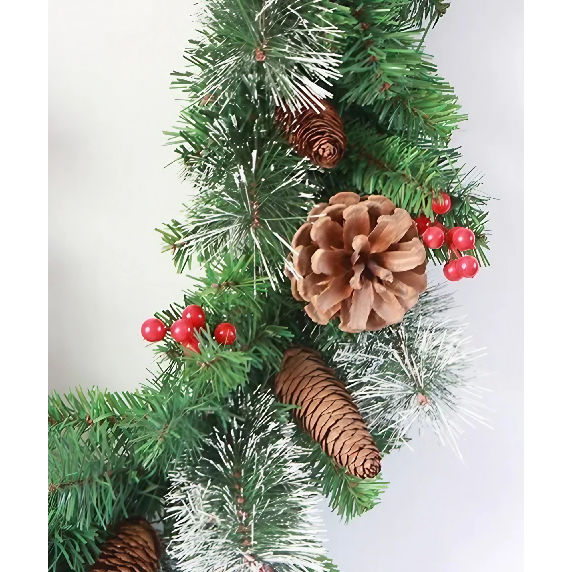 Ghirlanda de Craciun, cu merisoare si conuri, din brad artificial, cu parti de pin inzapezit, 180 cm, Verde - imagine 2