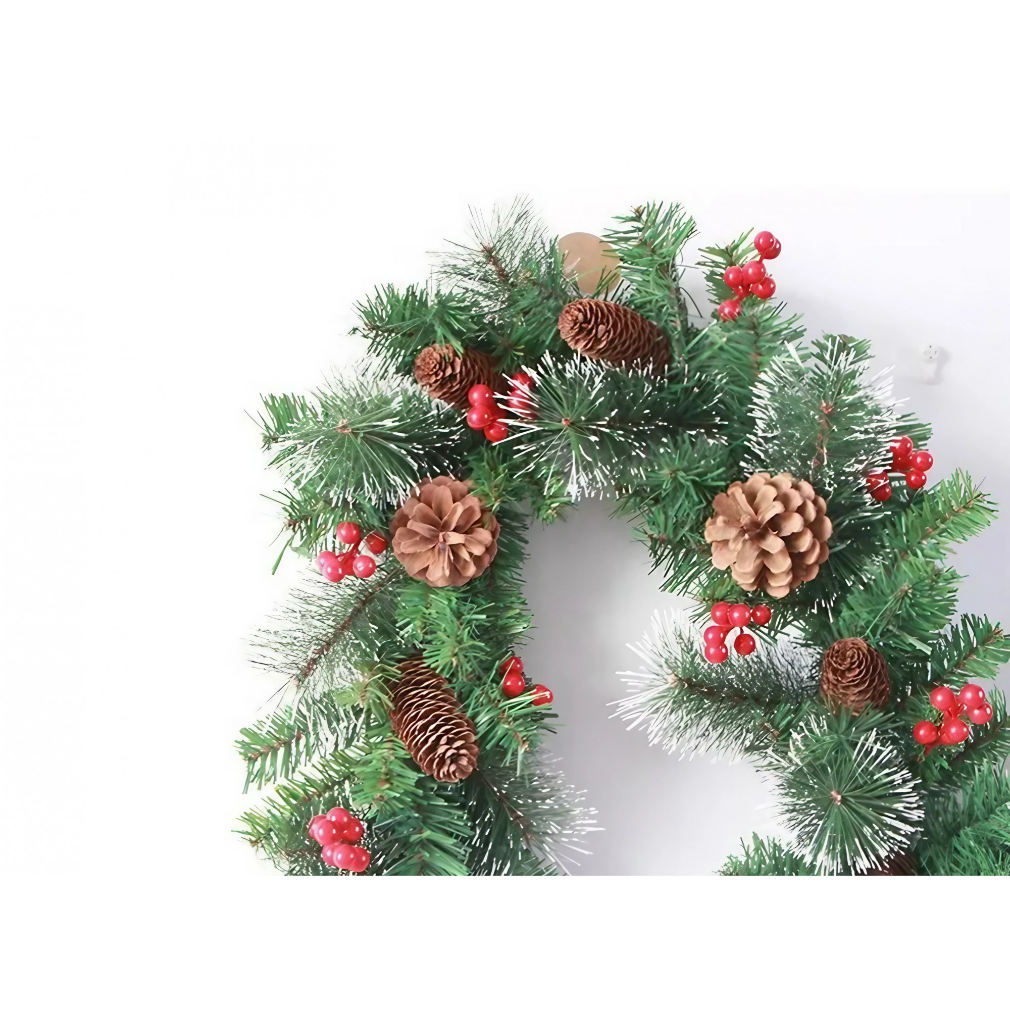 Ghirlanda de Craciun, cu merisoare si conuri, din brad artificial, cu parti de pin inzapezit, 270 cm, Verde - imagine 4