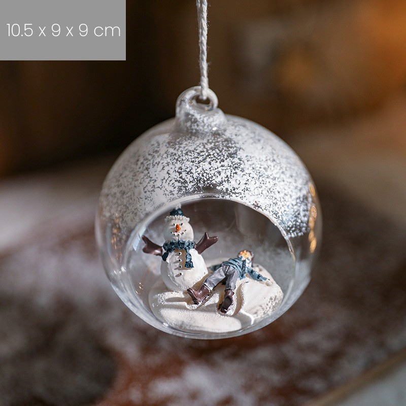 Glob pentru Bradul de Craciun, Flippy, Model Om de Zapada si Omulet, Tip Pandativ, Glob Transparent Semi-Deschis, 10.5 x 9 x 9 cm, Transparent - imagine 2