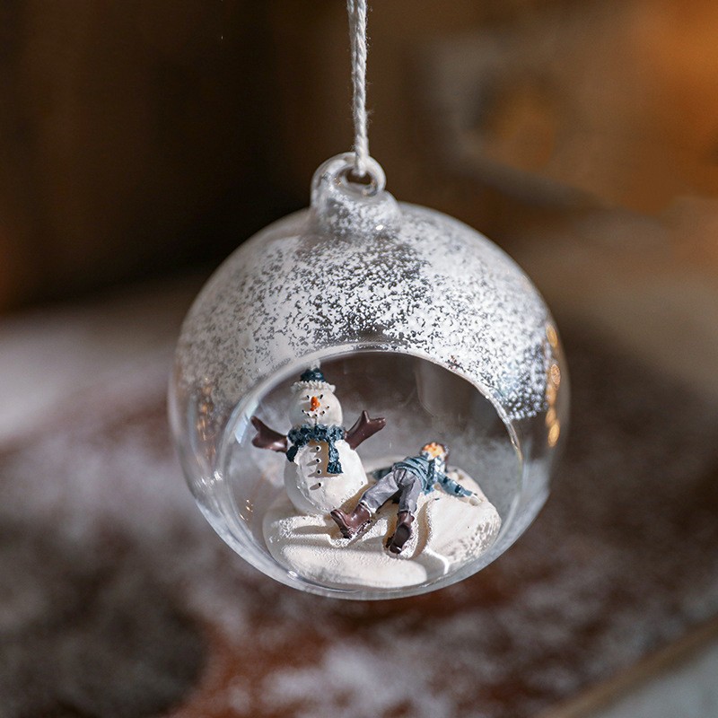 Glob pentru Bradul de Craciun, Flippy, Model Om de Zapada si Omulet, Tip Pandativ, Glob Transparent Semi-Deschis, 10.5 x 9 x 9 cm, Transparent