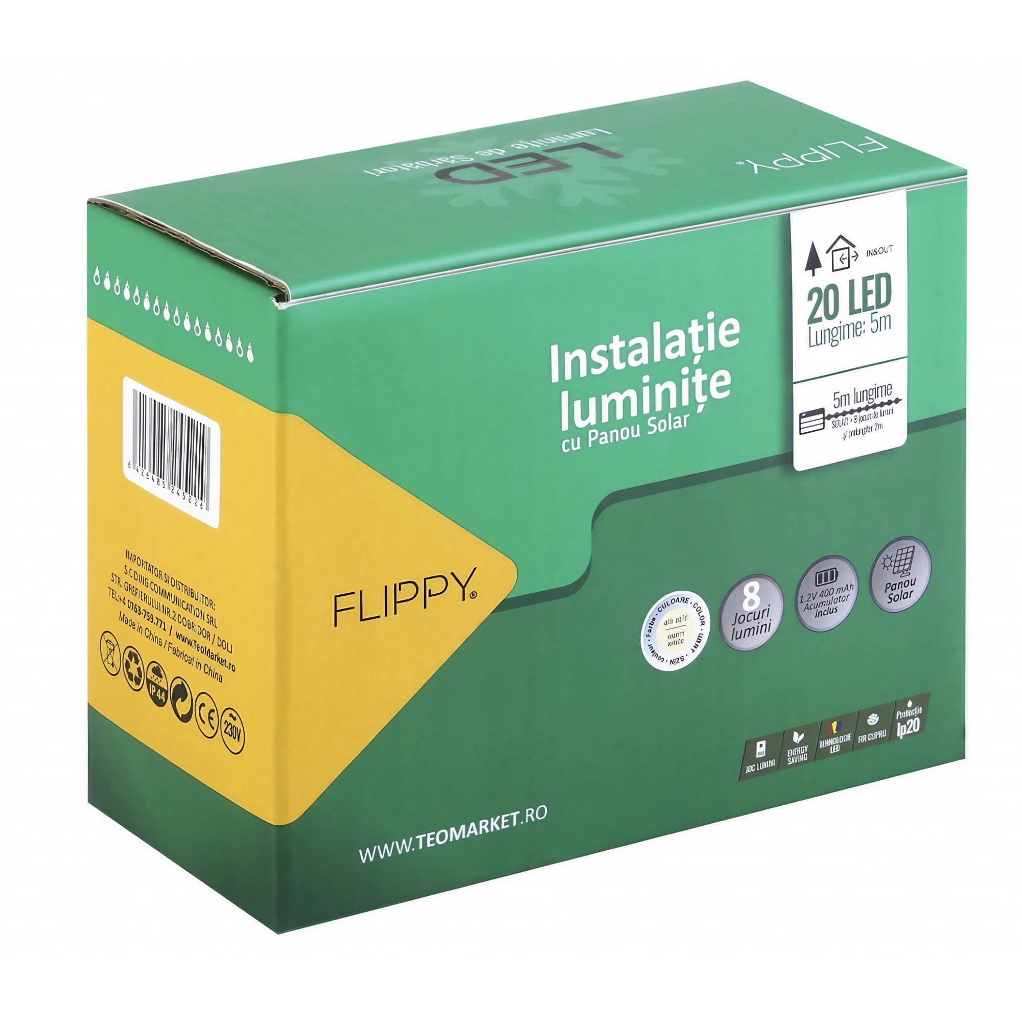 Instalatie Craciun, 5 metri, 20 de LED-uri cu ornament tip Bulb, 8 jocuri de lumini alb cald, cu energie solara, liniar, cablu verde, interior/exterior, Flippy - imagine 3