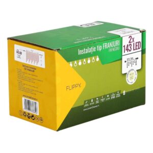 Instalatie de Craciun Flippy® Tip Franjuri, 8 jocuri de lumini cu transformator, 10 m, 286 LED-uri, Interconectabila, Fir Negru, Alb Cald