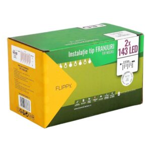 Instalatie de Craciun Flippy® Tip Franjuri, 8 jocuri de lumini cu transformator, 10 m, 286 LED-uri, Interconectabila, Fir Negru, Alb Rece