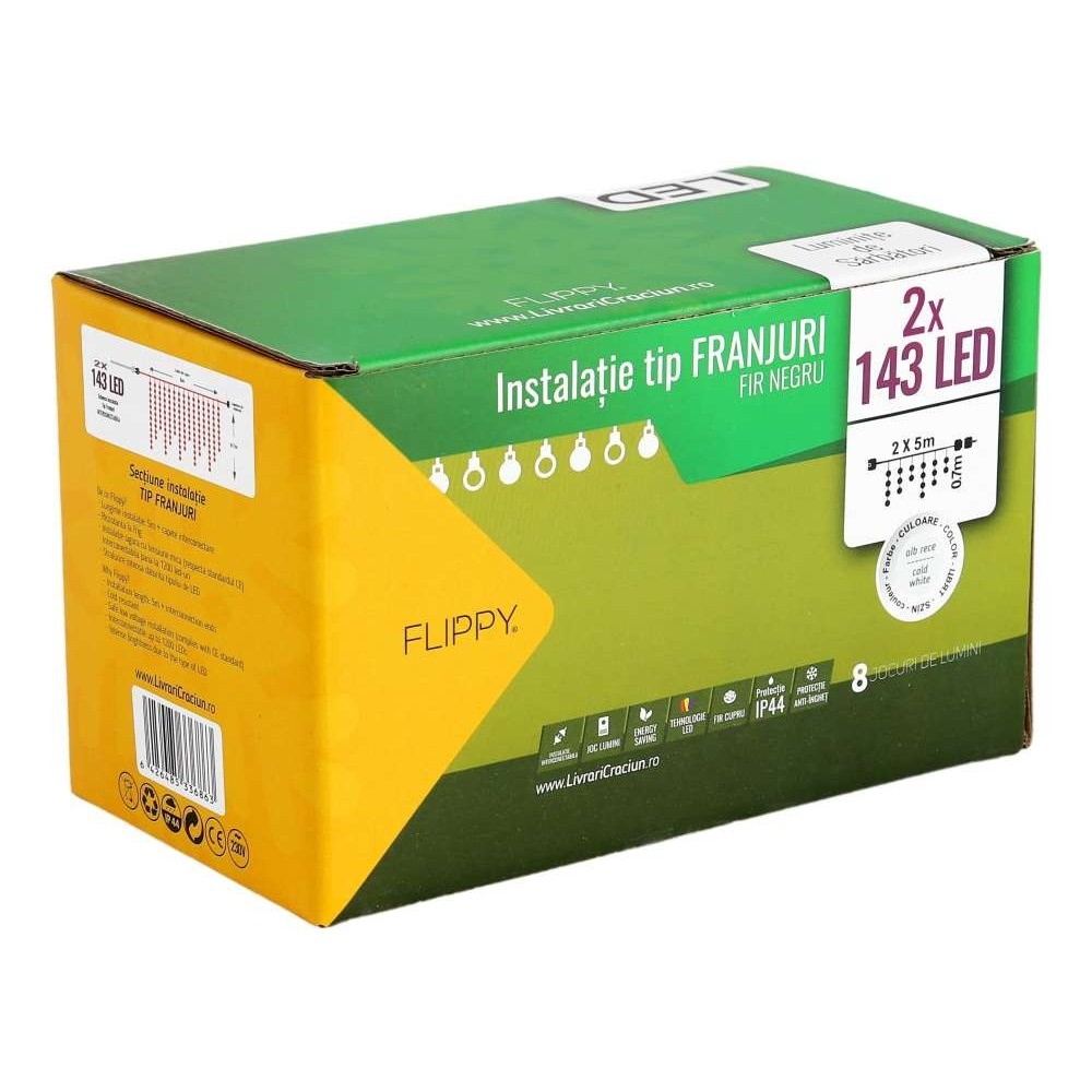Instalatie de Craciun Flippy® Tip Franjuri, 8 jocuri de lumini cu transformator, 10 m, 286 LED-uri, Interconectabila, Fir Negru, Alb Rece