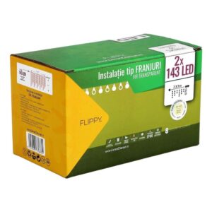 Instalatie de Craciun Flippy® Tip Franjuri, 8 jocuri de lumini cu transformator, 10 m, 286 LED-uri, Interconectabila, Fir Transparent, Alb Cald