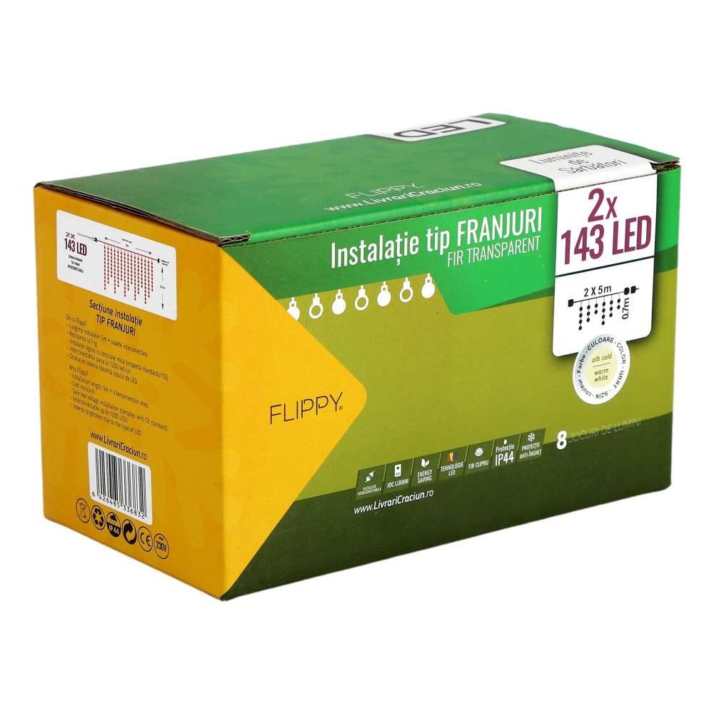 Instalatie de Craciun Flippy® Tip Franjuri, 8 jocuri de lumini cu transformator, 10 m, 286 LED-uri, Interconectabila, Fir Transparent, Alb Cald