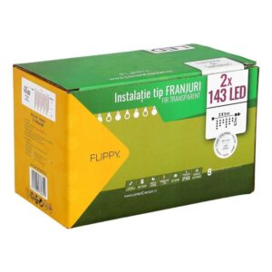 Instalatie de Craciun Flippy® Tip Franjuri, 8 jocuri de lumini cu transformator, 10 m, 286 LED-uri , Interconectabila, Fir Transparent, Alb Rece