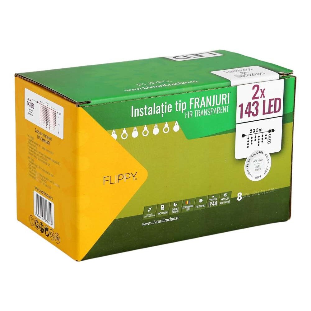 Instalatie de Craciun Flippy® Tip Franjuri, 8 jocuri de lumini cu transformator, 10 m, 286 LED-uri , Interconectabila, Fir Transparent, Alb Rece