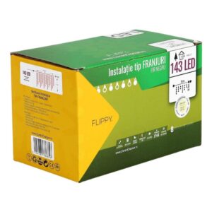 Instalatie de Craciun Flippy® Tip Franjuri, 8 jocuri de lumini cu transformator, 5 m, 143 LED-uri, Interconectabila, Fir Negru, Alb Cald