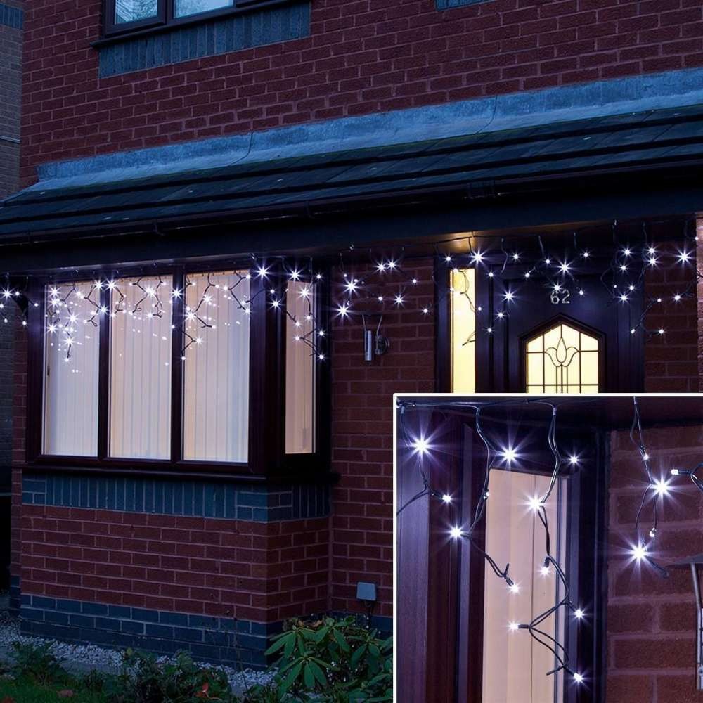 Instalatie de Craciun Flippy® Tip Franjuri, 8 jocuri de lumini cu transformator, 5 m, 143 LED-uri, Interconectabila, Fir Negru, Alb Rece - imagine 2