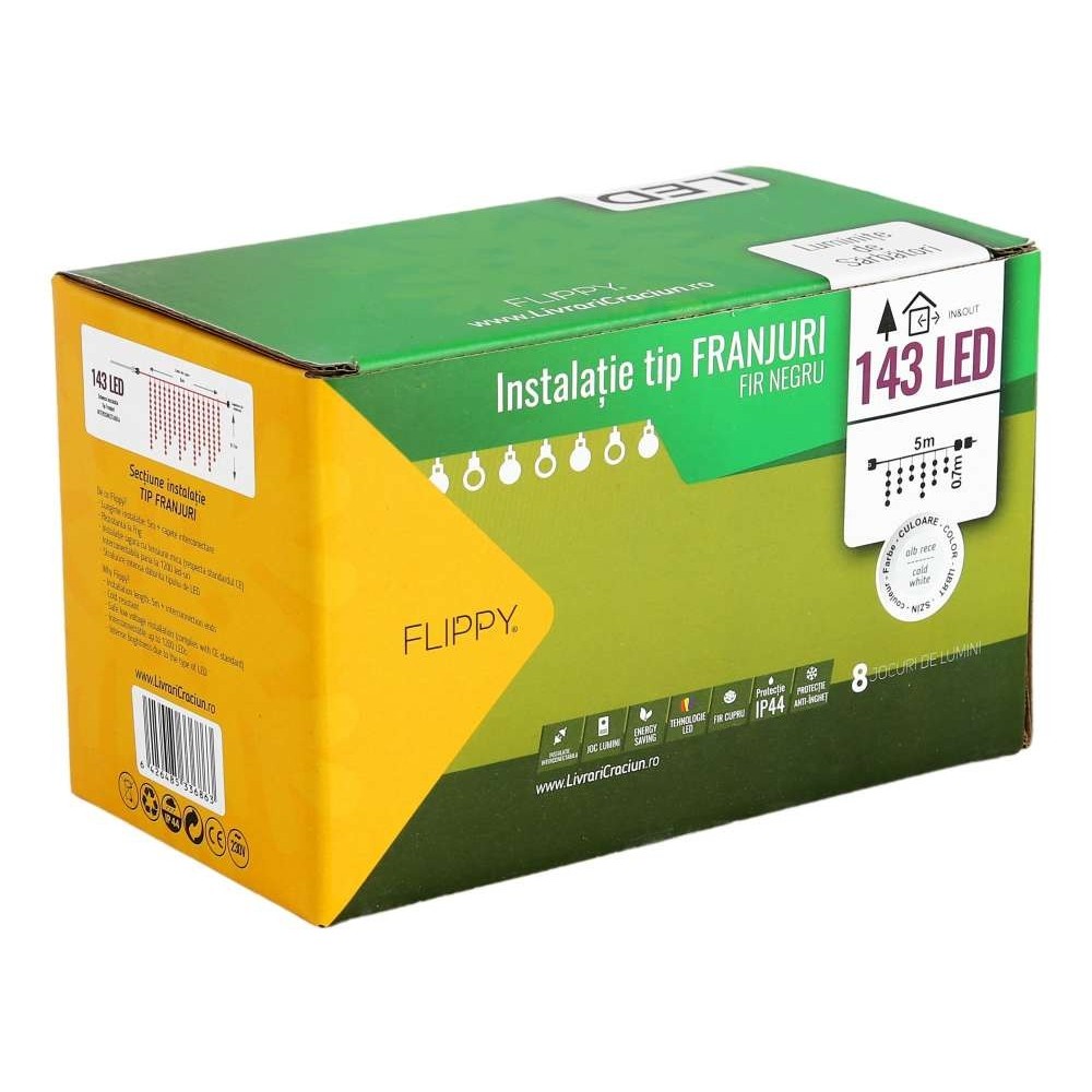 Instalatie de Craciun Flippy® Tip Franjuri, 8 jocuri de lumini cu transformator, 5 m, 143 LED-uri, Interconectabila, Fir Negru, Alb Rece