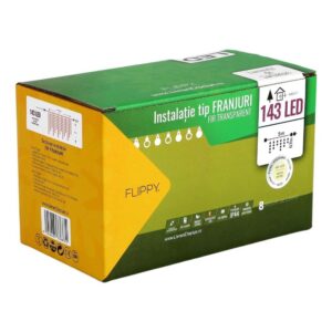 Instalatie de Craciun Flippy® Tip Franjuri, 8 jocuri de lumini cu Transformator, 5 m, 143 LED-uri, Interconectabila, Fir Transparent, Alb Cald