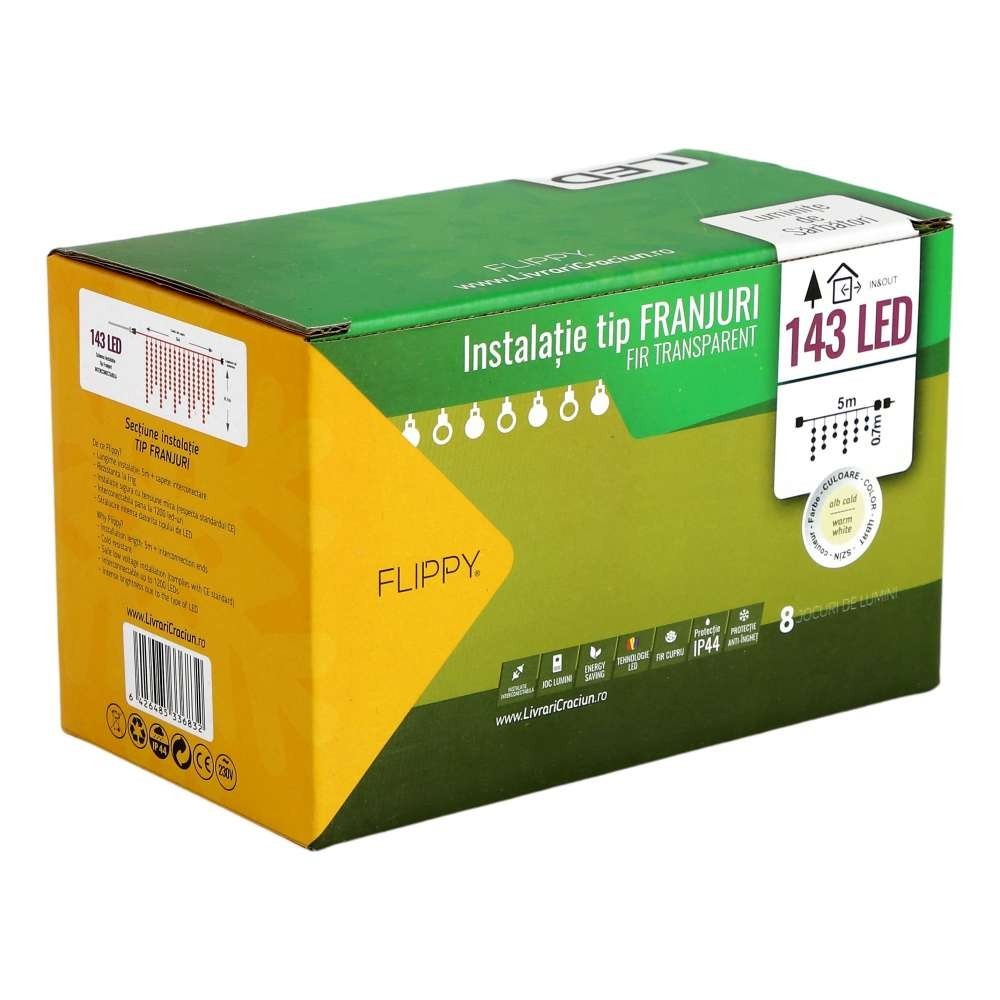 Instalatie de Craciun Flippy® Tip Franjuri, 8 jocuri de lumini cu Transformator, 5 m, 143 LED-uri, Interconectabila, Fir Transparent, Alb Cald