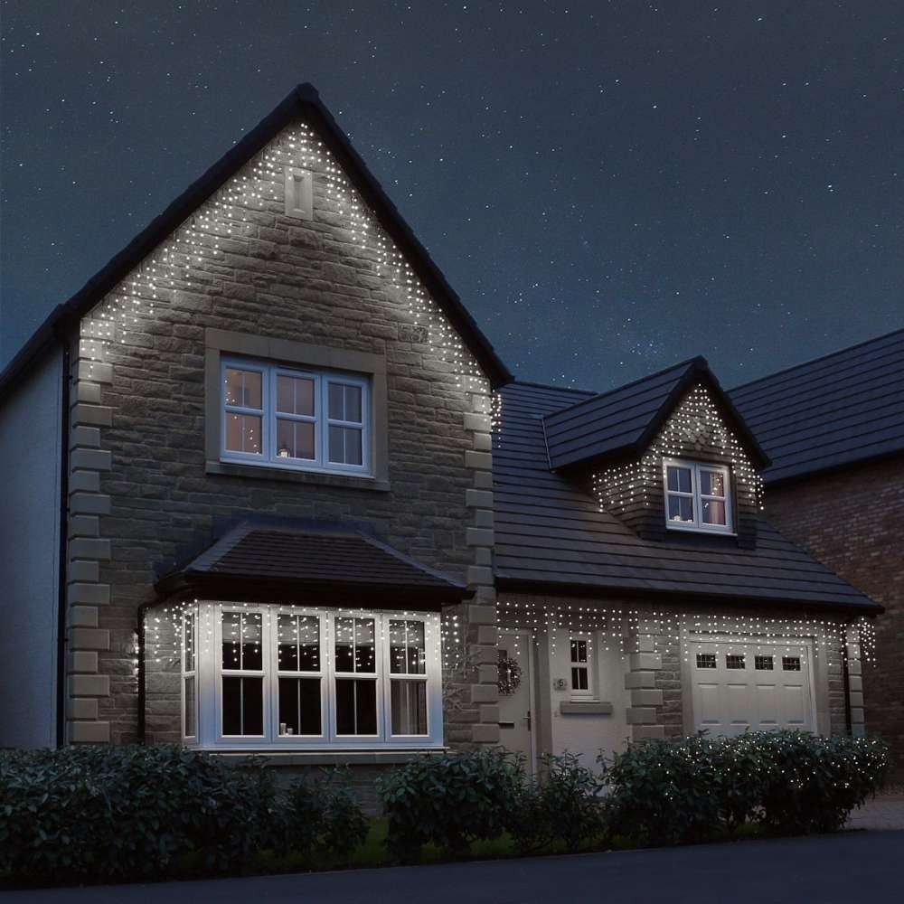 Instalatie de Craciun Flippy® Tip Franjuri, Flash, cu transformator, 10 m, 286 LED-uri, Interconectabila, Fir Alb, Alb Rece