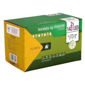 Instalatie de Craciun Flippy® Tip Franjuri, Flash, cu transformator, 10 m, 286 LED-uri, Interconectabila, Fir Negru, Alb Cald