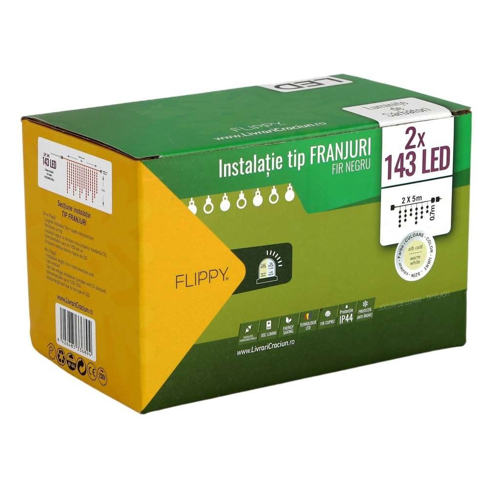Instalatie de Craciun Flippy® Tip Franjuri, Flash, cu transformator, 10 m, 286 LED-uri, Interconectabila, Fir Negru, Alb Cald