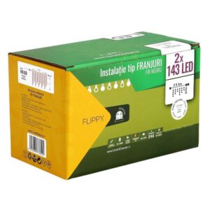 Instalatie de Craciun Flippy® Tip Franjuri, Flash, cu transformator, 10 m, 286 LED-uri, Interconectabila, Fir Negru, Alb Rece