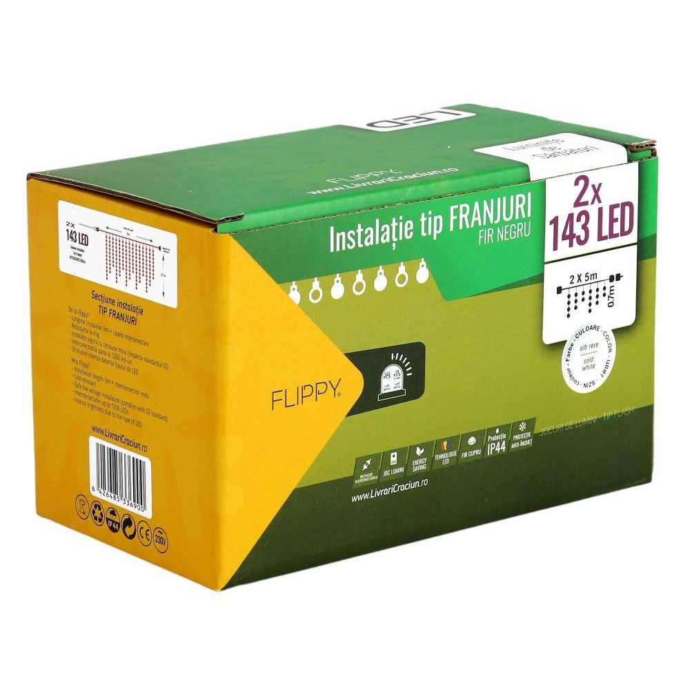 Instalatie de Craciun Flippy® Tip Franjuri, Flash, cu transformator, 10 m, 286 LED-uri, Interconectabila, Fir Negru, Alb Rece