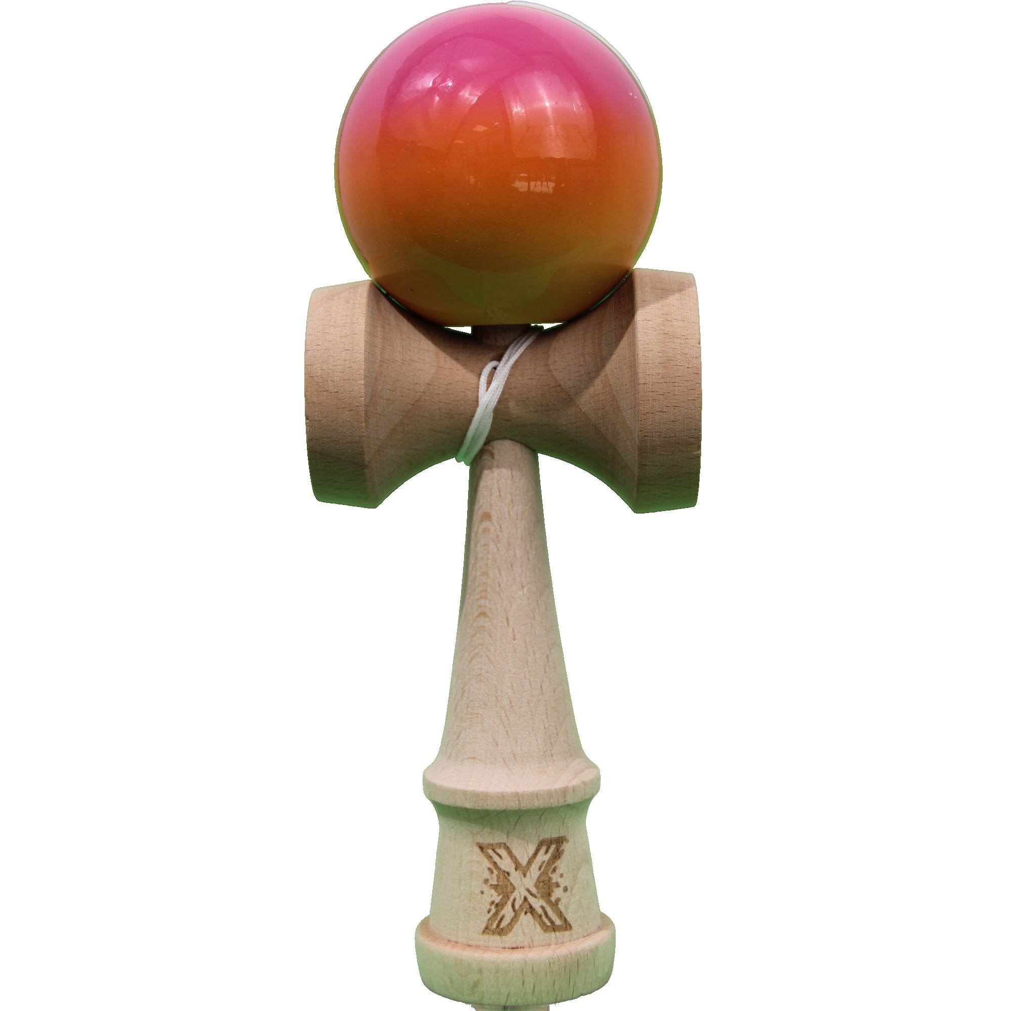 Jucarie Kendama X Originala, Profesionala, Flippy, Super Sticky din Lemn, 18 cm, Gradient Roz/Portocaliu/Galben